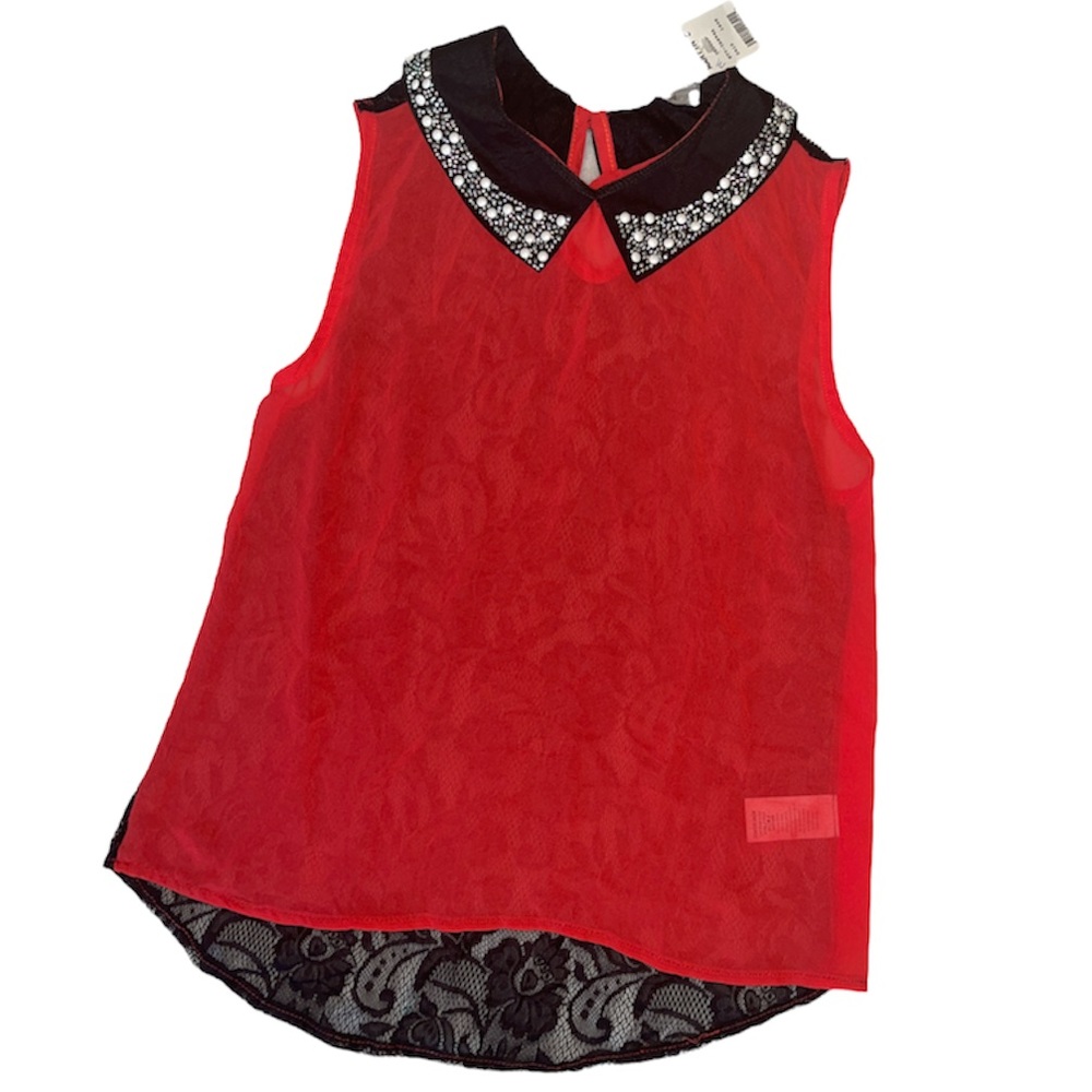 Sheer red and black lace  pearl bedazzled collar tank